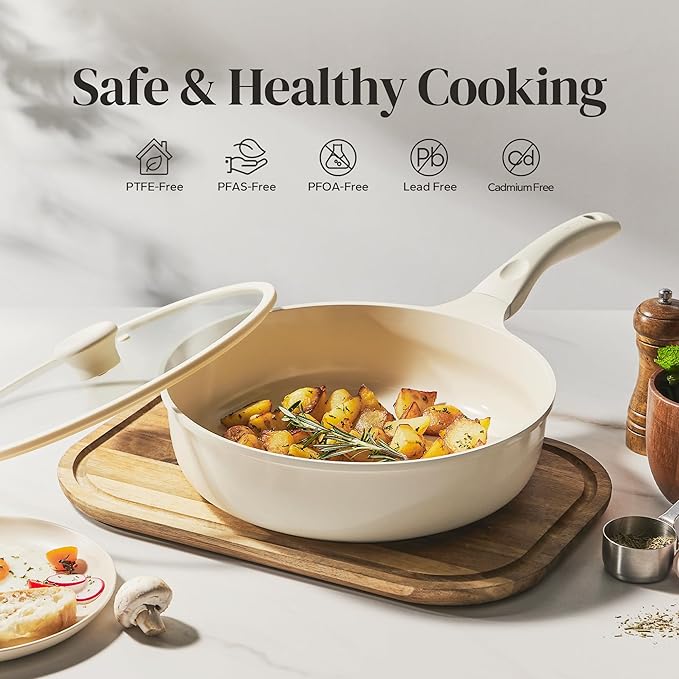 Redchef Nonstick Deep Frying Pan with Lid, Ceramic Saute Pan Skillet, PFOA PFOS Free, Induction Compatible, Stay-Cool Helper Handle, Tempered Glass Cover, Dishwasher Safe, Beige (3.7Qt, 10")