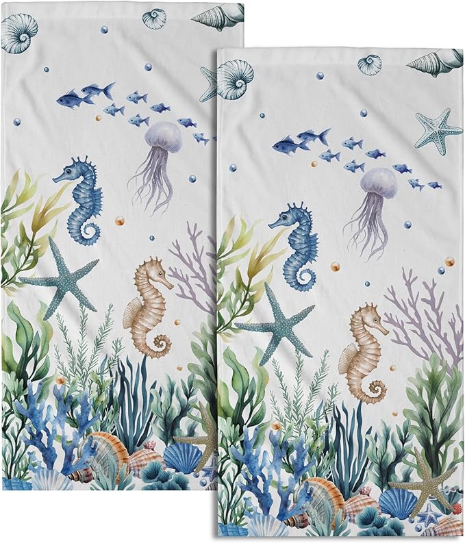 Imiss Nautical Coastal Hand Towels Coral Starfish Seashell Kitchen Towels 14.4 x 28.3 Inch Sea Themed Dishcloth Summer Beach Decorative Washcloth for Face Yoga Gym Spa