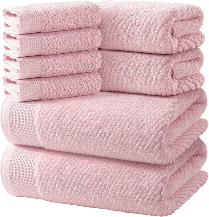 REDKISS Luxury 8-Piece Pink Towel Set, 2 Bath Towels, 2 Hand Towels, 4 Washcloths, 100% Cotton, Quick Dry, Highly Absorbent Towels for Bathroom, Gym, Hotel, Spa