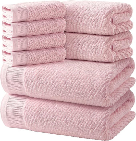 REDKISS Luxury 8-Piece Pink Towel Set, 2 Bath Towels, 2 Hand Towels, 4 Washcloths, 100% Cotton, Quick Dry, Highly Absorbent Towels for Bathroom, Gym, Hotel, Spa