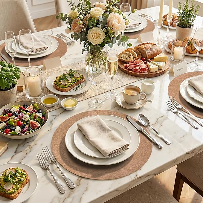 15 inch Faux Leather Round Placemats Set of 4 Non-Slip Washable Wipeable Table Mats, Heat Resistant Waterproof Oilproof Brown Place Mats for Kitchen, Dining, Party, Indoor, Outdoor