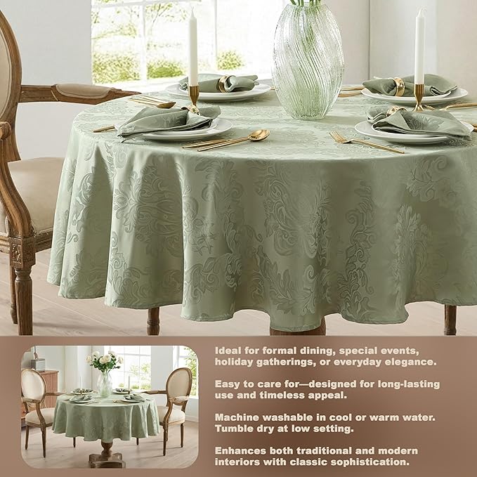Newbridge Christmas Barcelona Damask Fabric Tablecloth, 70 Inch Round, Sage Green – No Iron, Soil Resistant Table Cover for Dining, Parties and Holidays