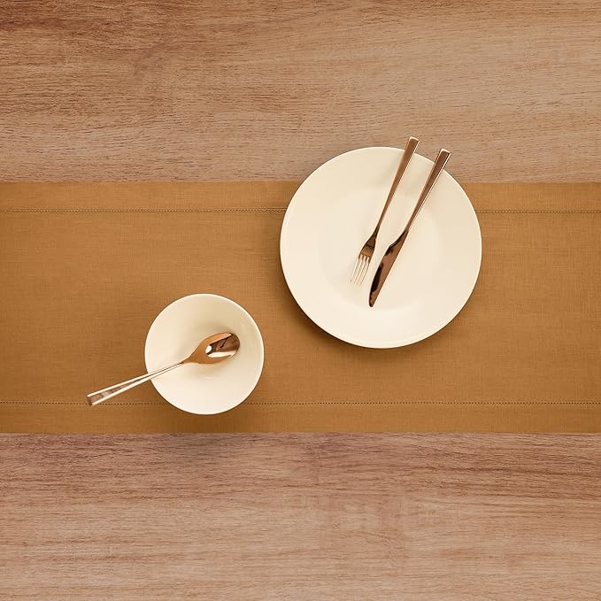Solino Home Linen Brown Sugar Table Runner 72 Inches Long - 100% Pure Linen Hemstitch Table Runner 14 x 72 Inch for Dresser, Dining - Classic Hemstitch