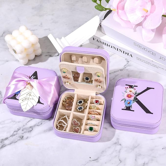 AYGXU Bridesmaid Gifts for Wedding Day,Bridesmaid Proposal Gifts,Drinking glass with Bamboo Lids and Straw,Jewelry Organizer,Travel Essentials Small Jewelry Box,Initial K purple