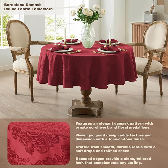 Newbridge Christmas Barcelona Damask Fabric Tablecloth, 90 Inch Round, Burgundy – No Iron, Soil Resistant Table Cover for Dining, Parties and Holidays