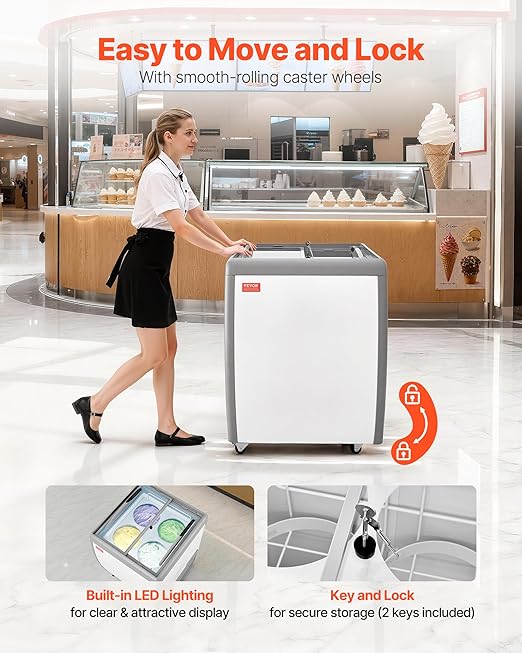 VEVOR Commercial Ice Cream Display Case, 5.6 Cu.ft Chest Freezer, Restaurant Gelato Dipping Cabinet Top Deep Freezer with Locking Casters, Sliding Glass Door, LED Lighting, Hold 4 Ice Cream Tubs