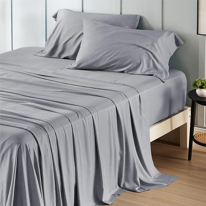 Bedsure Queen Sheet Set, Rayon Derived from Bamboo, Cooling Sheets, Deep Pocket Up to 16", Breathable & Soft, Hotel Luxury Silky Bedding for Hot Sleepers, Silver Grey