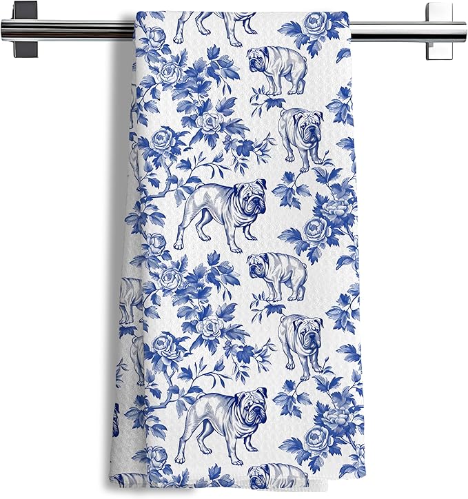 Chinoiserie Pug Kitchen Towels, Blue and White Floral Botanical Grandmillennial Dog Decor Dish Tea Towels, Pug Gifts Hand Towels for Kitchen Bathroom, 16x24 Inch