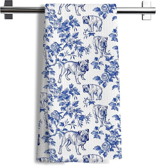 Chinoiserie Pug Kitchen Towels, Blue and White Floral Botanical Grandmillennial Dog Decor Dish Tea Towels, Pug Gifts Hand Towels for Kitchen Bathroom, 16x24 Inch