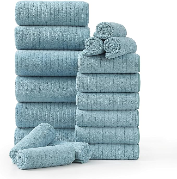 18 Piece Family Bath Towel Set Include 6 Bath Towels,6 Hand Towels and 6 Washcloths Soft Bathroom Towel with Hanging Loops,Highly Absorbent Quick Dry Towels Set for Bathroom,Hotel and Spa-Turquoise