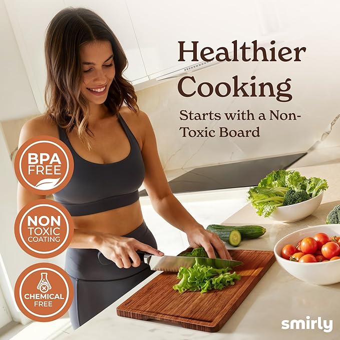 SMIRLY Bamboo Cutting Boards, Brown Bamboo Wood Cutting Board for Kitchen, Set of 4 with Holder & Deep Juice Groove, Butcher Block for Chopping Meat, Charcuterie Cheese Serving Tray, Kitchen Gadgets