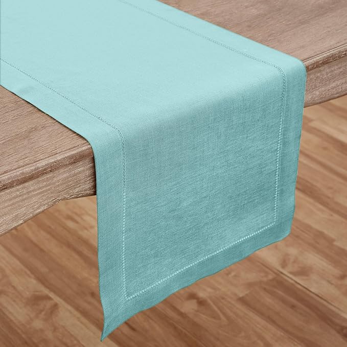 Solino Home Linen Aqua Blue Table Runner 108 Inches Long - 100% Pure Linen Hemstitch 14 x 108 Inch Table Runner for Dining, New Year, Winter - Classic Hemstitch