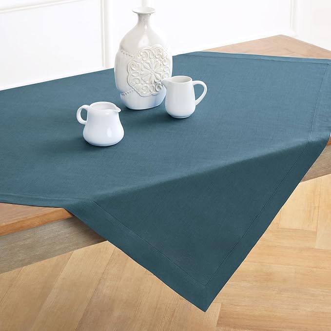 Solino Home Linen Square Tablecloth 52 x 52 Inch - 100% Pure Linen Peacock Blue Table Throw - Fete, Machine Washable Table Cloth for Winter