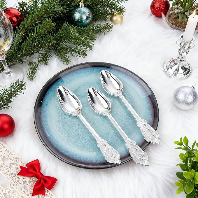 WDF 100 Piece Silver Plastic Spoons Disposable - 6.93 Inch Baroque Silver Silverware for Dessert Cake - Heavy Duty Plastic Spoons for Christmas Party, Wedding or Daily Using
