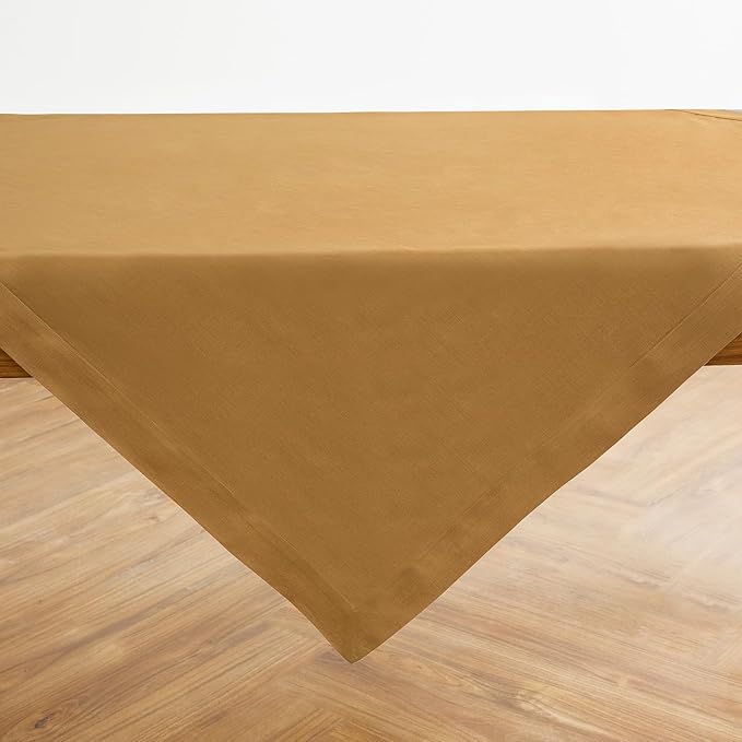 Solino Home Linen Tablecloth 52 x 52 Inch - 100% Pure Linen Caramel Square Tablecloth - Fete, Machine Washable Table Throw