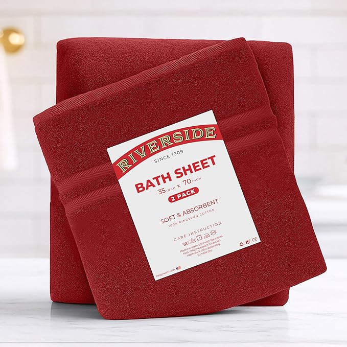 RIVERSIDE Pack of 2 Extra Large Bath Sheets 35 x 70 Inches - 100% Ring Spun Cotton Hotel Quality Oversized Bath Towels - Super Soft, Highly Absorbent & Quicker to Dry - Red