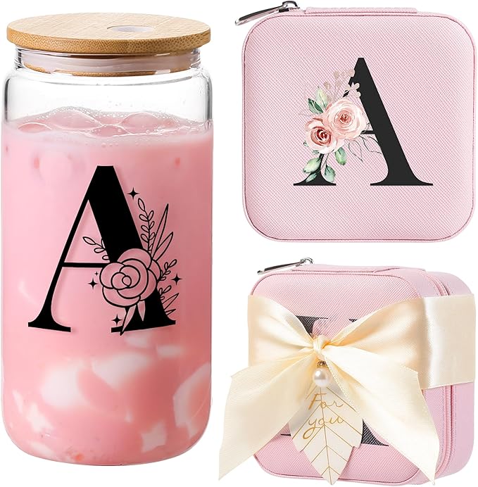 AYGXU christmas gifts for teens,glass cups with lids and straws,bridesmaid proposal gifts,Initia glass cups,Travel Must Have Jewelry Box,iced coffee cups,Travel Gifts for Women Girls,Initial A pink