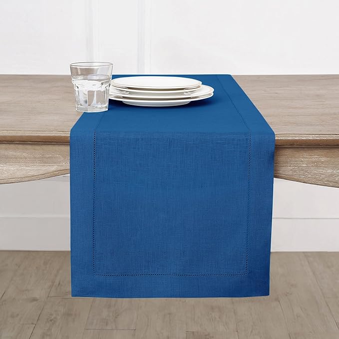Solino Home Linen Indigo Blue Table Runner 156 Inches Long - 100% Pure Linen Extra Long Table Runner 14 x 156 Inch for Winter - Classic Hemstitch