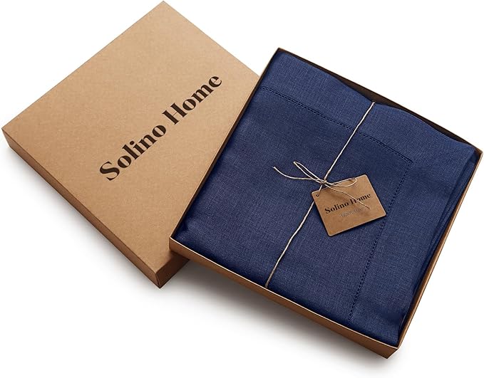 Solino Home Linen Tablecloth for Rectangle Tables 60 x 90 Inch - Classic Hemstitch 100% Pure Linen Navy Blue Table Cloth - Machine Washable Cloth Tablecloth for Winter, New Year