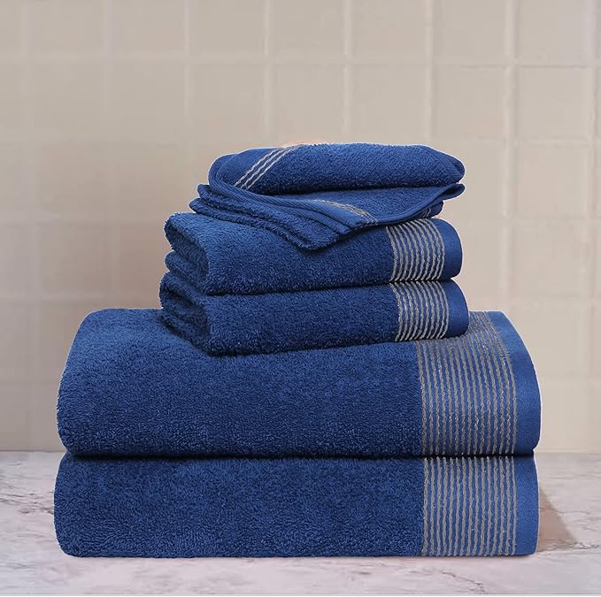 Belizzi Home 100% Cotton Ultra Soft 6 Pack Towel Set, Contains 2 Bath Towels 28x55 inchs, 2 Hand Towels 16x24 inchs & 2 Washcloths 12x12 inchs, Compact Lightweight & Highly Absorbant - Navy Blue