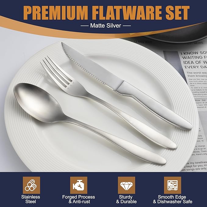20 Pieces Silverware Set, Stainless Steel Flatware Set for 4, Matte Satin Polished Cutlery Set Include Forks Spoons and Knives, Dishwasher Safe Utensils Set for Home Restaurant