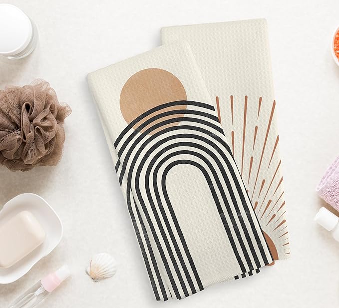 Boho Black Sun Sunrise Sunshine Rainbow Kitchen Towels and Dishcloths Sets of 2,Bohemian Absorbent Drying Cloth Hand Towels Tea Towels for Bathroom,Boho Gifts for Women Girls,16×24 inches (brown2)