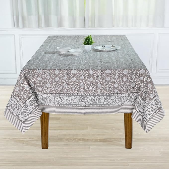 Ridhi Taupe Hand Block Print Cotton Rectangle Tablecloth 190" x 72" inches Reusable Table Cover Decorative Everyday Use for Dining, Farmhouse, Home, Party, Festive, Wedding, Fall
