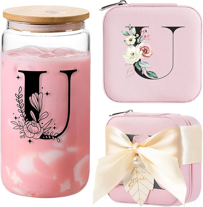 AYGXU Travel Gifts for Women Girls,Small Jewelry Organizer Box,Bridesmaid Proposal Gifts,glass cup with bamboo lid and straw,aesthetic cups,coffee cups,Graduation Gifts for Her Initial U pink