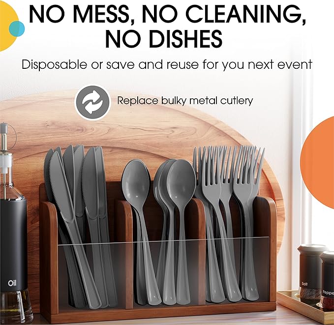 Party Solids Silver Plastic Spoons 200 Pieces Silver Spoons Disposable Utensils Heavy Duty Plastic Cutlery Set Disposable Cutlery Sets Flatware Sets Silverware Set Party Supplies & Party Tableware