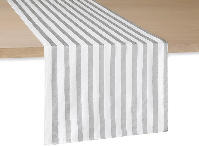 Kate Spade New York Hand Painted Shirting Stripe Reversible Table Runner, 100% Cotton with Metallic Print, Silver/White, 15"x72"