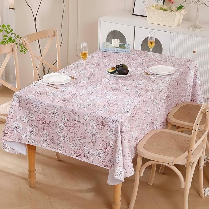 Heavy Duty Vinyl Tablecloth with Flannel Backing Waterproof Oil-Proof Plastic Table Cloth Stain-Resistant Wipeable Rectangle or Square Table Cover for Indoor and Outdoor (Red Flower,60x84 Inch)