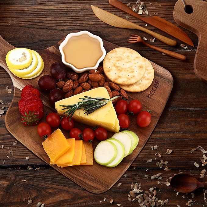 hecef Cheese Board set of 3,a Acacia Wood Cheese Plate, a Knife, a Fork, Charcuterie Board Platter Slate Serving Set for Appetizer Birthdays, Weddings, Housewarming (Cheese board with 2 knives)