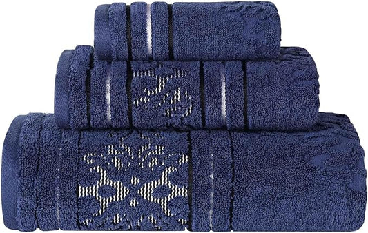 Superior Cotton 3 Piece Towel Set, Includes 1 Bath, 1 Hand, 1 Washcloth/Face Towel, Quick Dry, Home Essentials, Shower, Spa, Luxury Plush Soft Absorbent Towels, Zero Twist, Jacquard Floral, Navy Blue