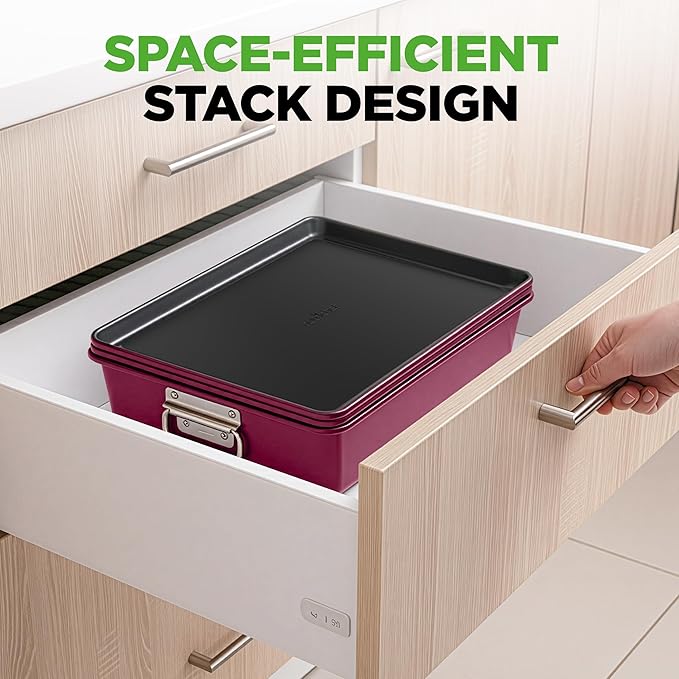 NutriChef 8-Piece Nonstick Stackable Bakeware Set - PFOA, PFOS, PTFE Free Baking Pan Set w/Non-Stick Coating, 450°F Oven Safe, Round Cake, Loaf, Muffin, Wide/Square Pans, Cookie Sheet (Plum)