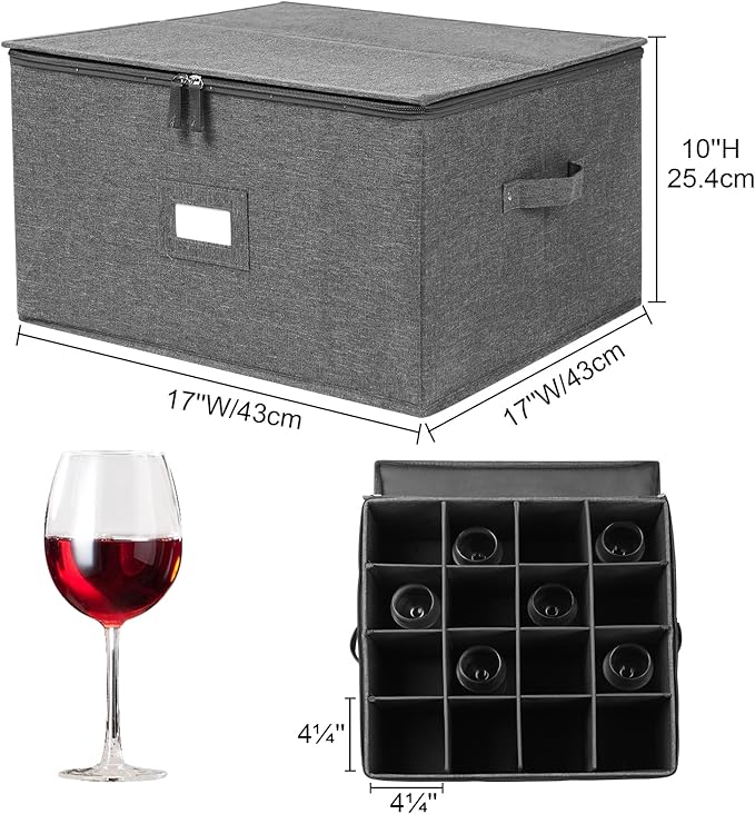 popoly Stemware Storage Cases, Wine Glass Storage Box Containers with Dividers for Glassware or Crystal, Holds 16 Red or White Wine Glasses, Hard Top and Stackable (Grey)
