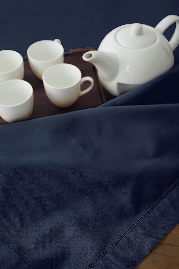 Solino Home Navy Blue Tablecloth 58 x 120 Inch - Cotton Linen Hemstitch Rectangular Tablecloth - Machine Washable Table Cloth for Holiday, Winter, New Year