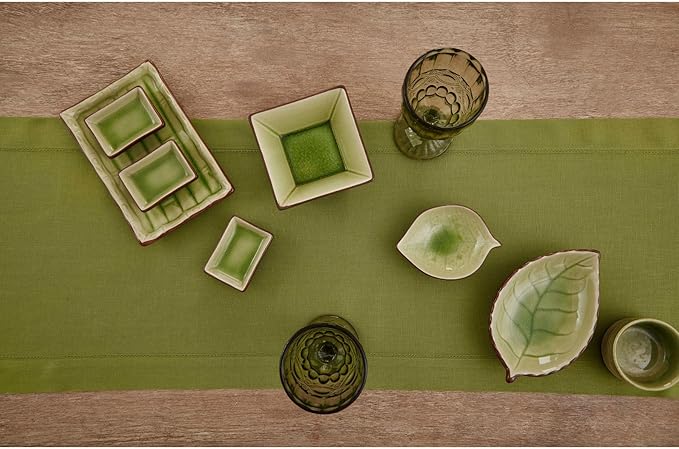 Solino Home Linen Avocado Green Table Runner 90 Inches Long - 100% Pure Linen Hemstitch 14 x 90 Inch Table Runner for Dining - Classic Hemstitch