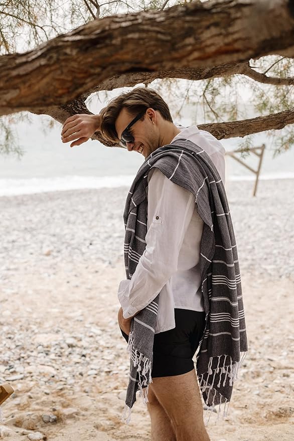 Madamelique Turkish Beach Towel with Beach Bag - 39 x 74 - Prewashed Beach Towels Oversized -%100Cotton - Quick Dry - Sand Free - Hand Loomed Turkish Bath Towels - Unique Towel (Black)