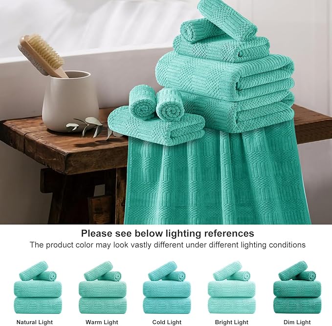 18 Pcs Blue Green Woven Family Towels Set-6 Bath Sheets,6 Hand Towels,6 Washcloths Soft Polyester Towels Absorbent Shower Towel Quick Dry Beach Chair Towel Lint Less Towels Set for Bathroom Spa Gym