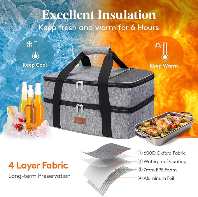 Lifewit Double Decker Insulated Casserole Carrier for Hot or Cold Food, Casserole Dish Carrying Case, Lasagna Holder for Potluck Parties/Picnic/Cookouts, Fits 9"x13" Baking Dish, Grey