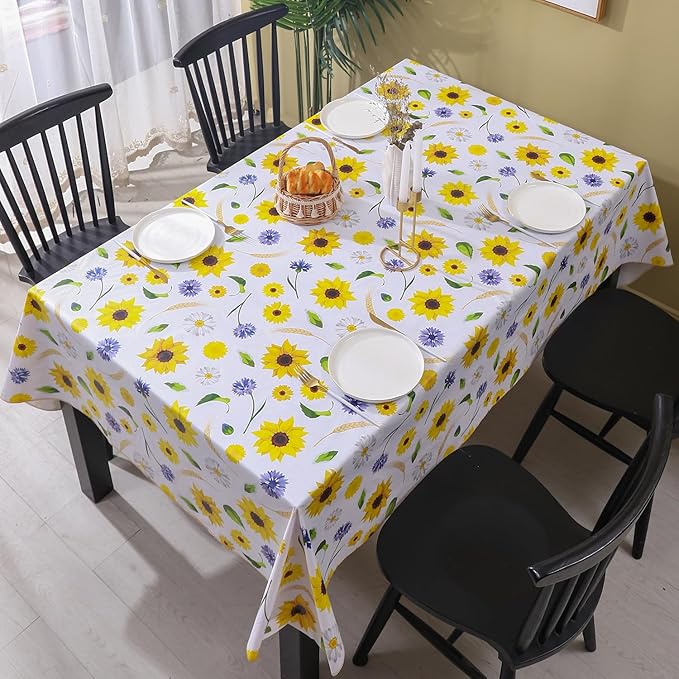 Heavy Duty Vinyl Tablecloth with Flannel Backing Waterproof Oil-Proof Plastic Table Cloth Stain-Resistant Wipeable Rectangle or Square Table Cover for Indoor and Outdoor (Yellow Flower, 52x70 Inch)