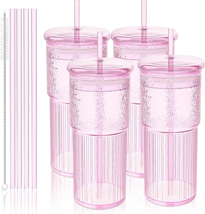 20oz Glass Cups with Lids and Straws - Set of 4 Reusable Tumblers, Thickened Shatter-Resistant Glass, Ideal for Iced Coffee, Smoothies, Cocktails, Juices - Elegant & Durable Drinkware (Pink)