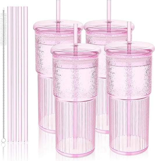 20oz Glass Cups with Lids and Straws - Set of 4 Reusable Tumblers, Thickened Shatter-Resistant Glass, Ideal for Iced Coffee, Smoothies, Cocktails, Juices - Elegant & Durable Drinkware (Pink)