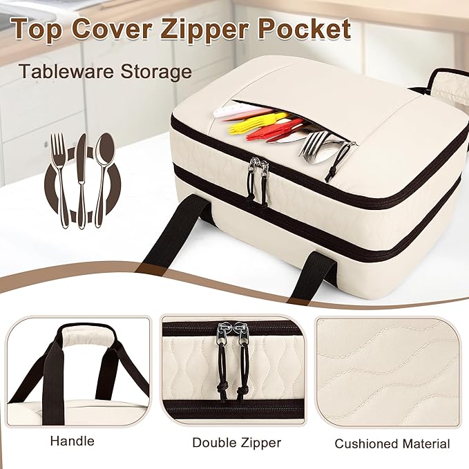 Trunab Insulated Casserole Carrier for Hot or Cold Food, Double Thermal Food Containers, Fit 9x13 Inches Baking Dish Foil Pans, For Picnic Cookouts, Potluck Parties, Beach,Beige (Beige)