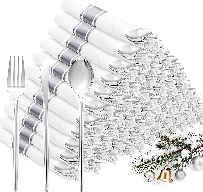 SUT 100 Pack Pre Rolled Silverware Set Disposable, 400 Pcs Silver plastic utensils Include 100 Forks, 100 Knives, 100 Spoons, 100 Napkins, Plastic Cutlery, Wrapped Silverware Set Disposable for Party