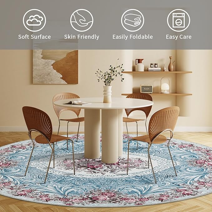 Easy-Going Round Rug 5ft Area Rug Washable Floral Circle Rugs for Living Room Non-Slip Bedroom Rug Low Pile Lightweight Retro Flowers Throw Rug for Dining Room Kitchen Home Home Office, Teal Red