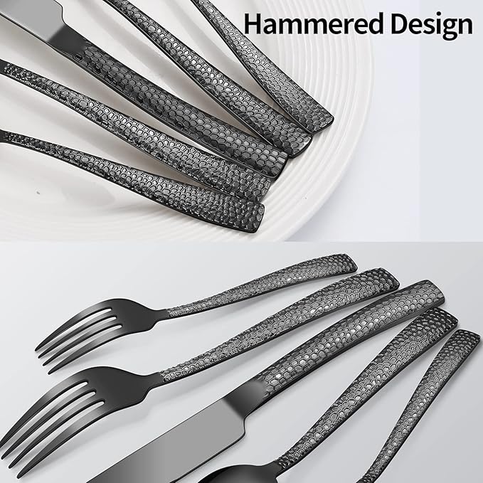 45-Piece Silverware Set with Serving Utensils Set, Black Hammered Stainless Steel Flatware for 8, Food-Grade Tableware, Including Fork, Knife, Spoon Set, Home Kitchen Cutlery, Dishwasher Safe