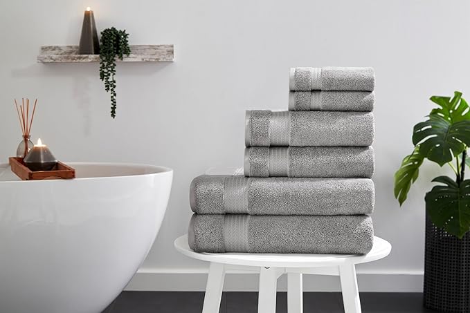 Ozdilek 6-Piece Bath Towel Set, 2 Bath, 2 Hand, 2 Wash, 100% Cotton Turkish Towels, 2 Bath Towels (30x60/550 GSM), 2 Hand Towels (16x30/575 GSM), 2 Washcloths (13x13/600 GSM) (Light Grey)