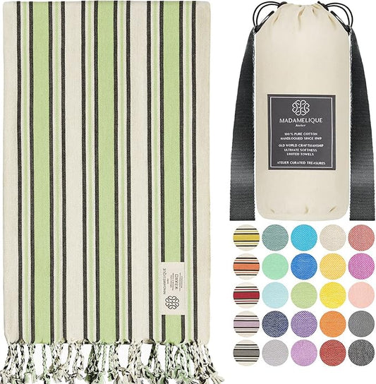 Madamelique Turkish Beach Towel with Beach Bag and Towel Band 39 x 74 - Prewashed Beach Towels Oversized -%100Cotton - Quick Dry - Sand Free - Turkish Bath Towels - Unique Soft Towel (Virgin Mint)