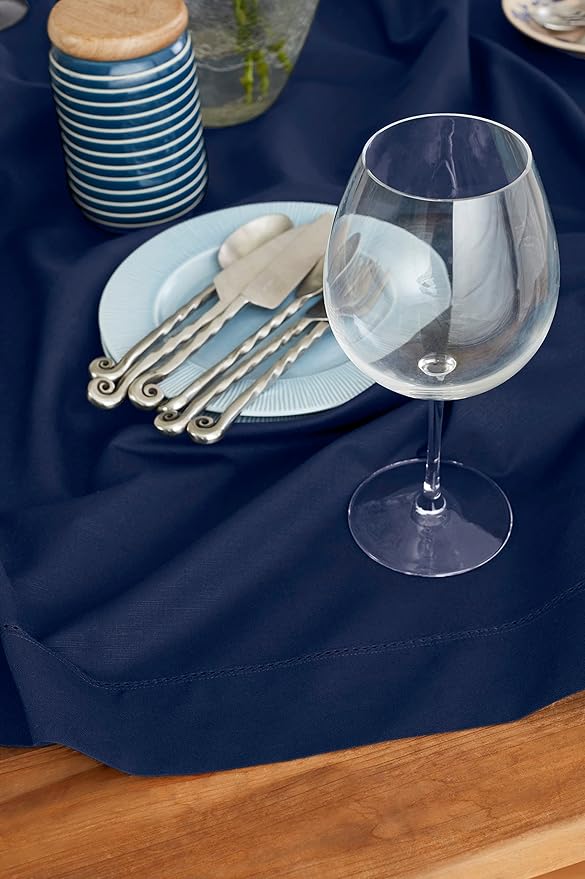 Solino Home Navy Blue Tablecloth 52 x 52 Inch - Cotton Linen Hemstitch Square Tablecloth - Machine Washable Table Throw for Holiday, Winter, New Year